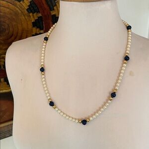 Vintage Faux Pearls Blue & Gold Beads Necklace